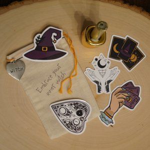 Witch Sticker Surprise Set 5 w/ bag witch heart charm Goth Vibes Handmade ⚰️